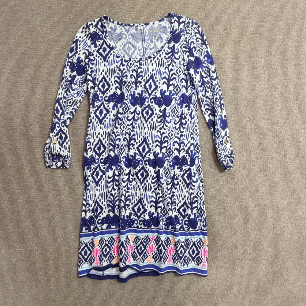 Lilly Pulitzer Blue White Ikat Elephant Print Cotton Shift Dress XS Long Sleeve